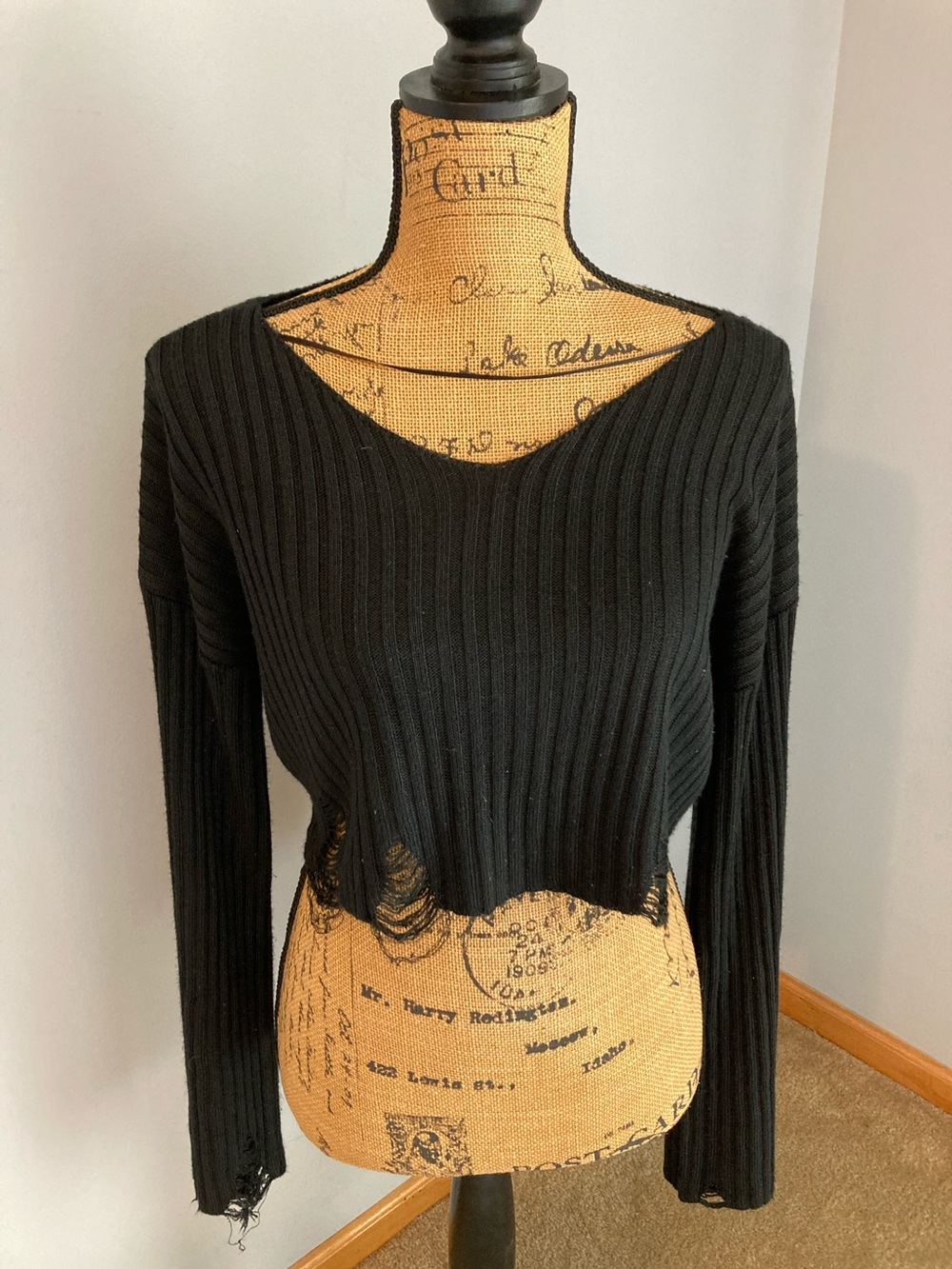 Urban Outfitters Black Ribbed Distressed Cropped Sweater